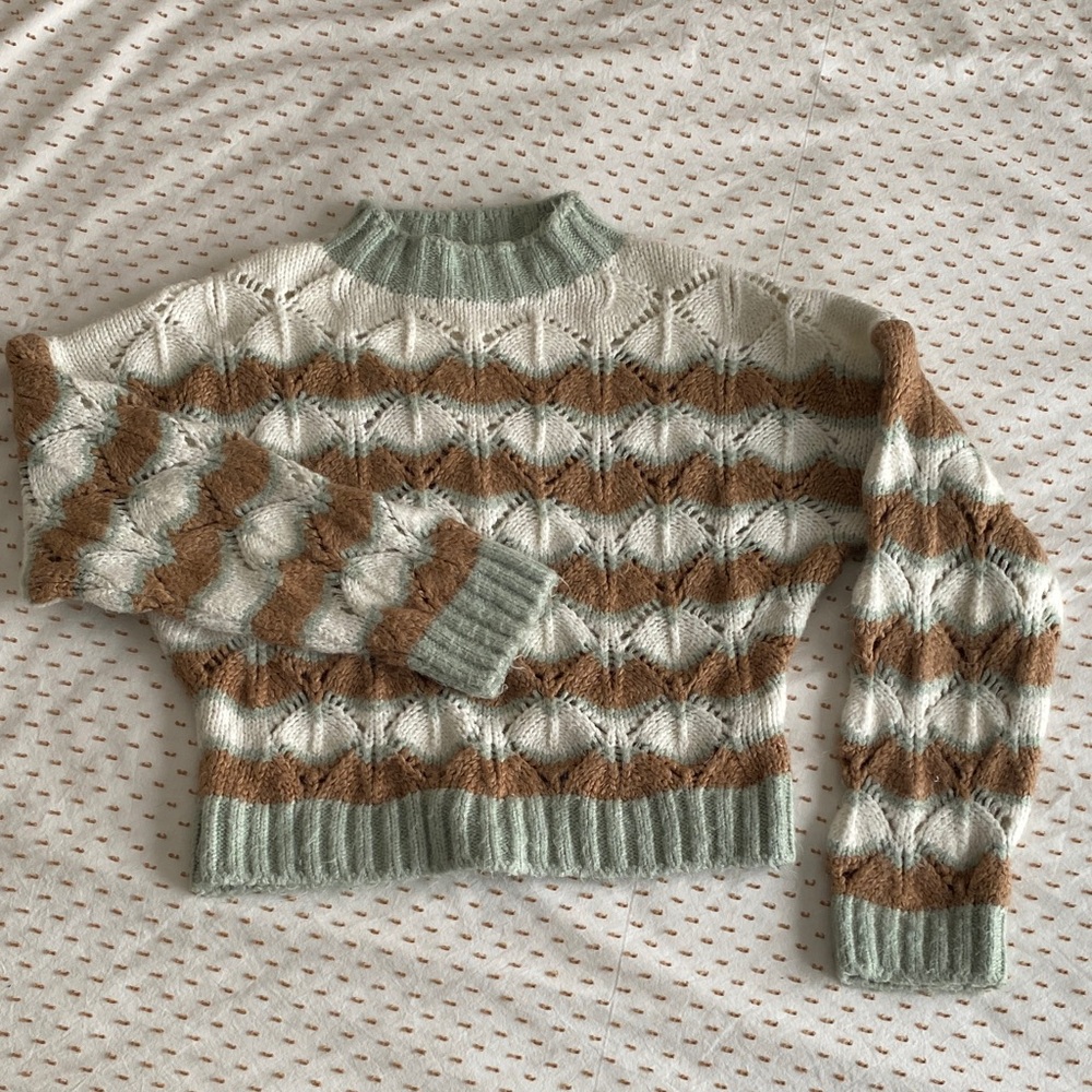 Zara Textured Knit Sweater - Cream, Brown, and Green